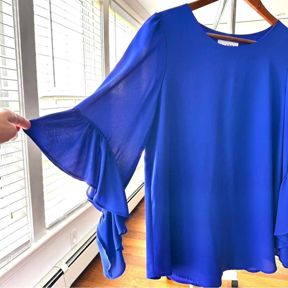Joseph Ribkoff Blue Ruffled Bell Sleeve Blouse, evening, cocktail